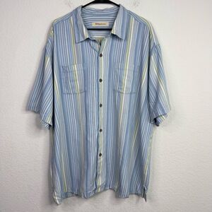 Tommy Bahama Men XXL Blue Silk Striped Short Sleeve Button Coastal Beachy Resort